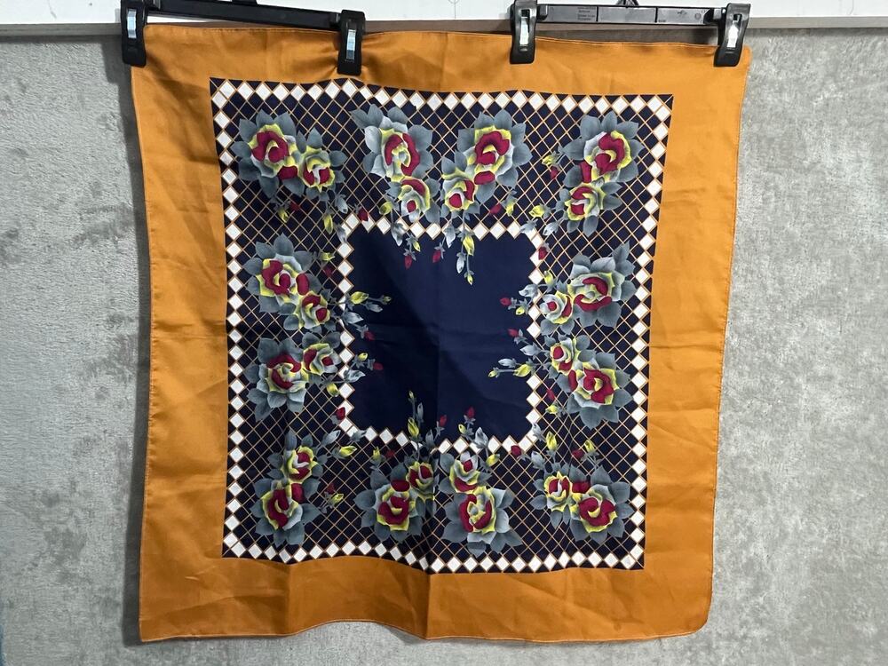 Vintage 1970s Mustard Gold Navy Floral Roses Geometric Square Scarf Retro Boho